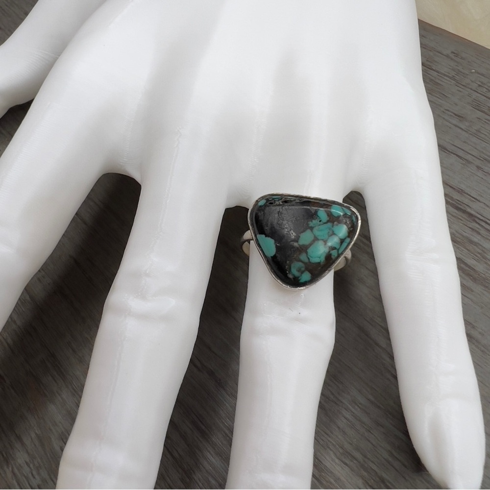 Turquoise and Black Stone Sterling Silver Stamped Ring Sz. 7